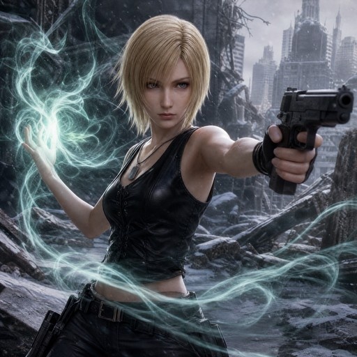 Aya Brea from Parasite Eve aiming a pistol while channeling green psychic energy in a snowy, ruined city.