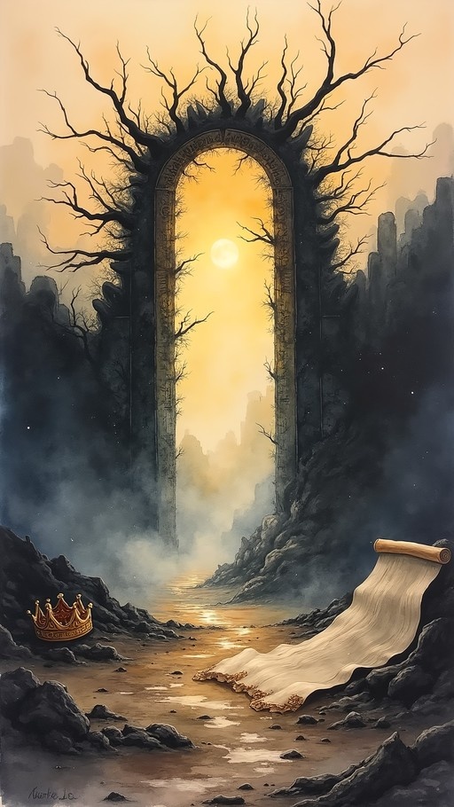A golden crown and an unrolled scroll lie on rocky ground in front of a large stone archway framing a bright yellow sunlit sky.