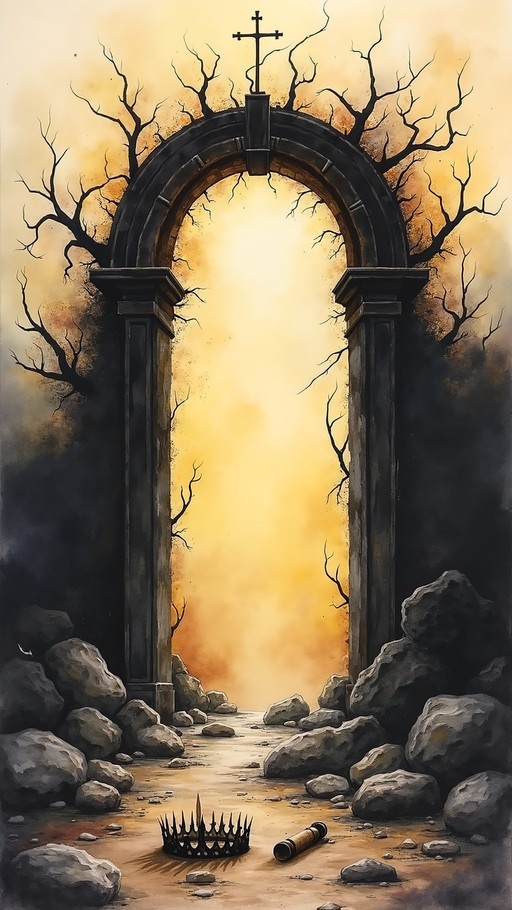 A stone archway with a cross on top stands against a yellow sky, framed by bare branches. A spiky crown and a scroll lie on the rocky ground in front of the gate.