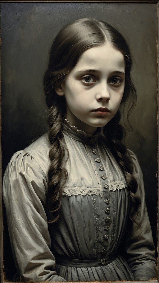 A realistic oil painting style portrait of a young girl with long brown hair in twin braids wearing a grey Victorian dress with lace trim.
