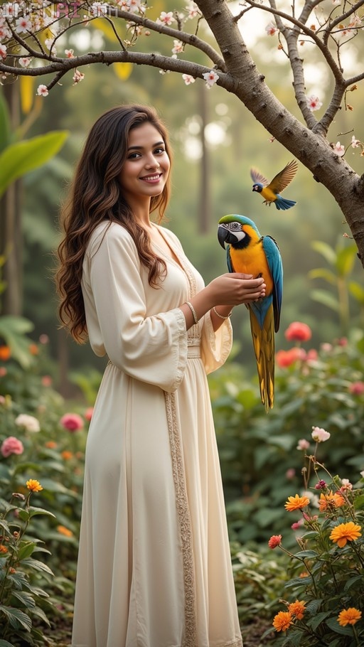 A young woman with long brown hair smiles while holding a blue and gold macaw parrot in her hand amidst a garden of colorful flowers and trees.