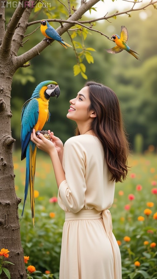 A smiling young woman in a cream dress holds a blue and gold macaw on her hand while other parrots fly around her in a lush garden with colorful flowers.