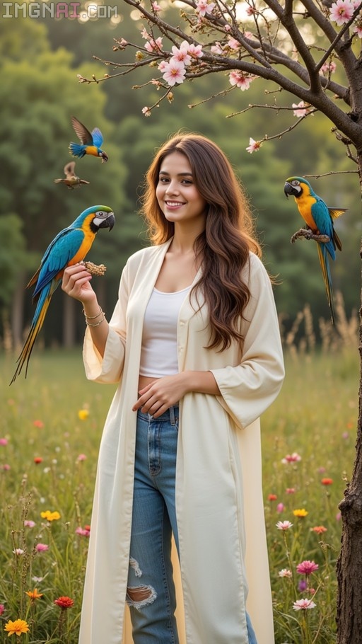 A smiling young woman in a cream coat and ripped jeans feeds a blue-and-yellow macaw from her hand while another perches on a tree branch in a field of wildflowers.