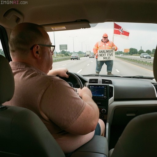 A large bald man with glasses drives a car on a highway while looking at a construction worker holding a sign that reads "ANALINGUS NEXT FIVE MILES".