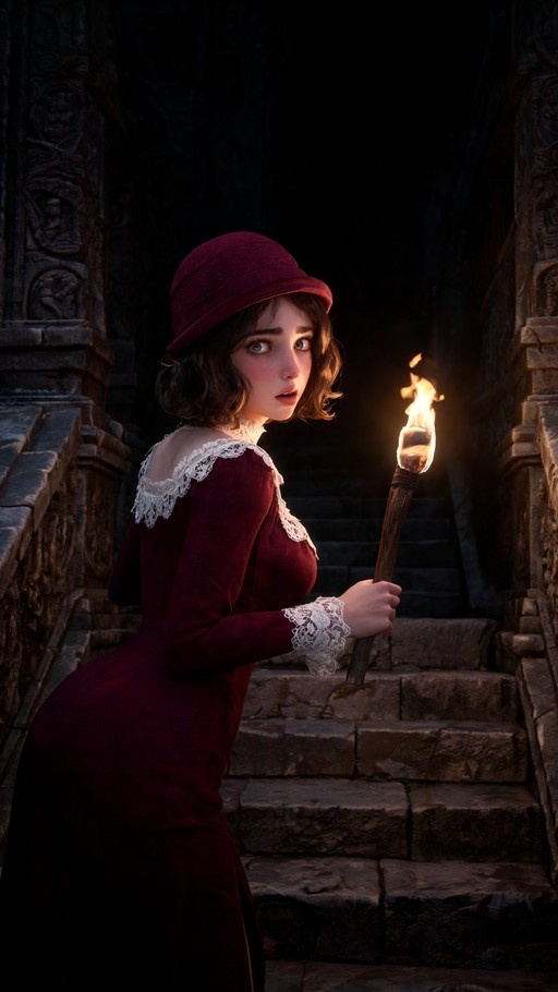 A woman in a maroon cloche hat and dress holds a torch on stone stairs in a dark temple, looking back with a scared expression.