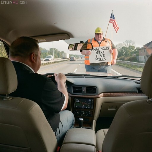 POV from backseat of obese man driving past giant construction worker holding analingus road sign
