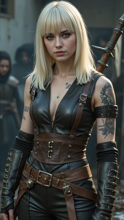 A realistic digital illustration of a blonde woman with blue eyes wearing black leather armor and long gloves, featuring visible tattoos on her chest and arm and a sword strapped to her back.