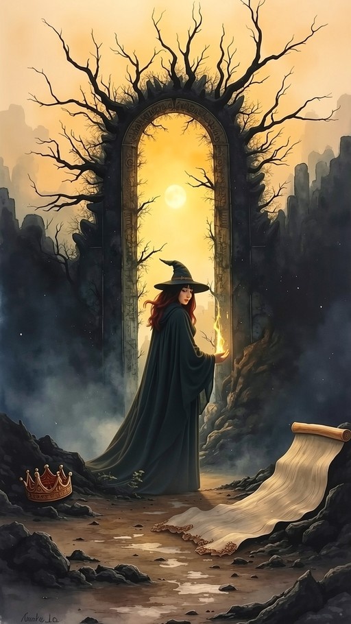 A red-haired witch in a dark cloak holds a flame before a stone archway with a crown and scroll on the ground.
