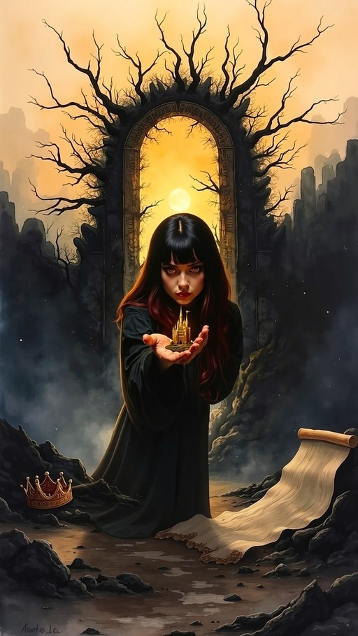 A dark-haired woman in a black robe holds a small golden castle in her hands, standing before an archway with a glowing sun and a discarded crown on the ground.