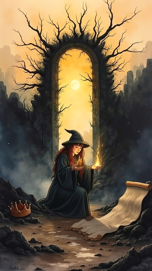 A red-haired witch in a pointed hat kneels holding a flame and small golden tower near a fallen crown and unrolling scroll under a stone archway.