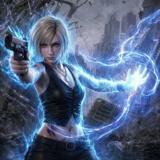 Aya Brea from Parasite Eve holding a gun with blue energy swirling around her hand in front of a ruined city.
