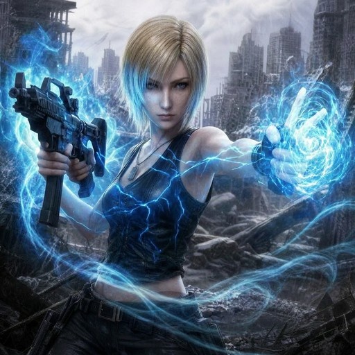 Aya Brea from Parasite Eve holding a submachine gun and projecting blue electricity in a destroyed city