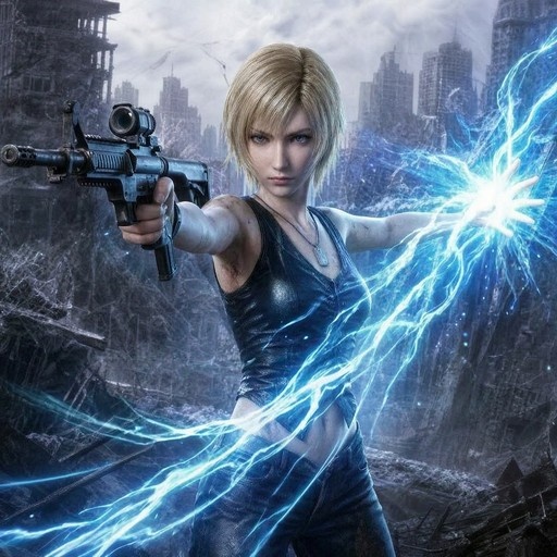 Aya Brea from Parasite Eve holding a gun and emitting blue electricity.