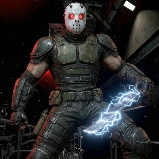 A masked male figure in green armor holding a large knife with blue electricity crackling around it.