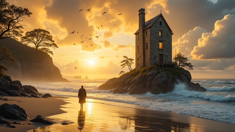 A silhouette of a person walking on a wet beach towards the sunset, with a stone house on rocks to the right and birds in the sky.
