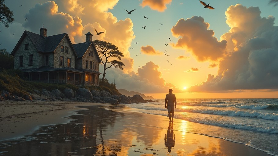 A solitary figure walks along a wet sandy beach towards a vibrant sunset, with a large stone house perched on rocks to the left and birds flying overhead.