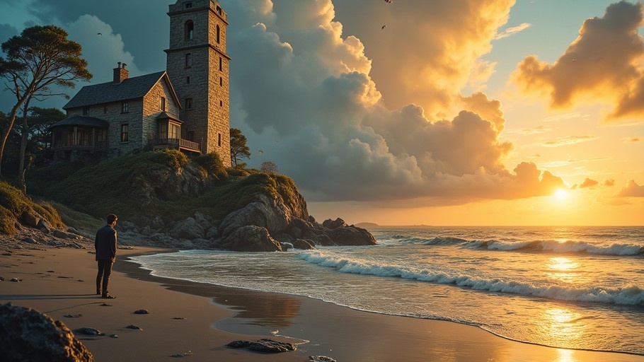 A man stands on a sandy beach looking towards a large stone lighthouse on a cliff during a vibrant sunset over the ocean.