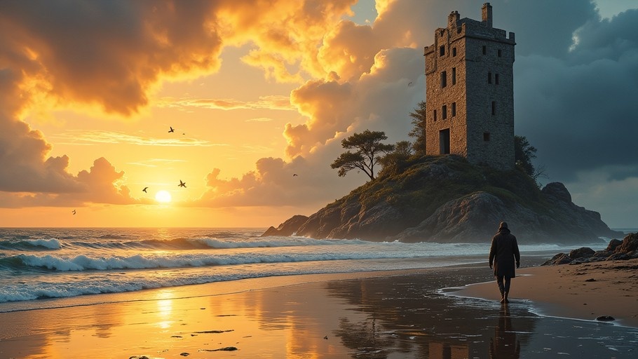 A lone figure in a dark coat walks along the wet sand of a beach toward a stone tower on a rocky cliff during a vibrant sunset.