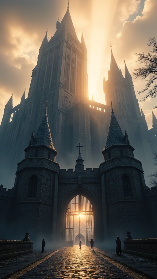A low-angle view of a massive Gothic cathedral with tall spires, backlit by bright sunlight streaming through clouds and an open gate, as silhouetted figures walk along a cobblestone path toward the entrance.