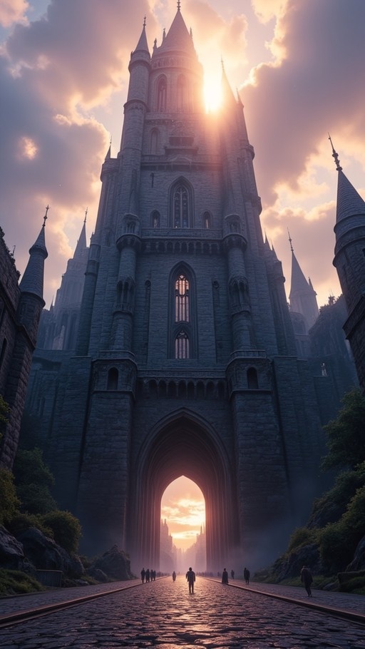 A low-angle shot of a massive stone castle with tall spires silhouetted against a bright sunset, with small figures walking on a cobblestone road towards the illuminated archway.