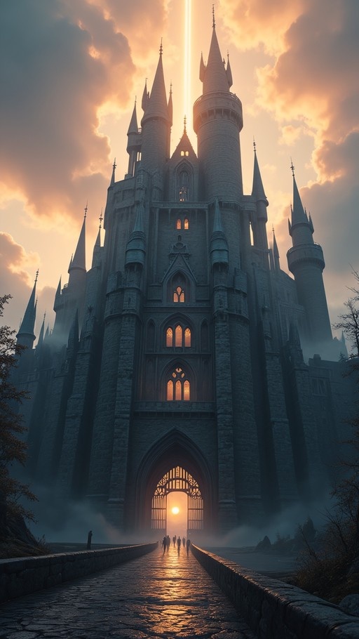 A large stone castle with tall spires stands against a sunset sky, with people walking across a bridge toward the glowing entrance.