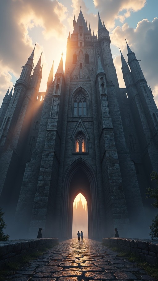 Two figures walking on a stone path toward the entrance of a large gothic castle with tall spires at sunset.