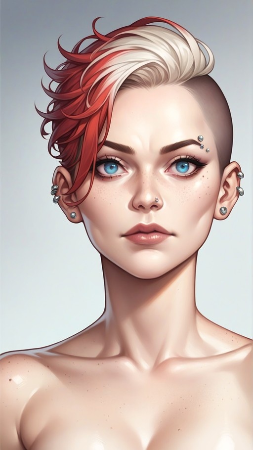 A digital illustration of a young woman with short red and white hair, blue eyes, and freckles, featuring multiple facial piercings including a septum ring and eyebrow studs.