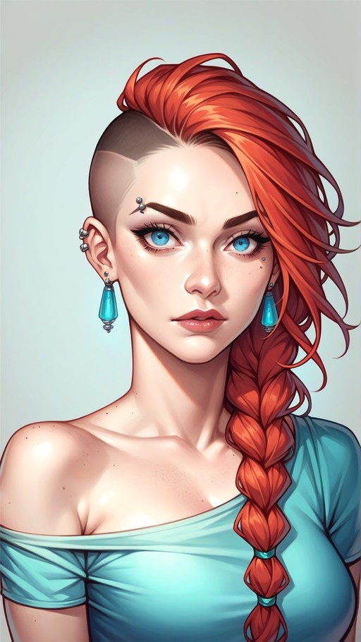 A portrait of a young woman with vibrant red hair in an undercut and long braid, wearing large teal earrings and an off-shoulder top.