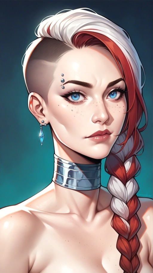 A digital portrait of Harley Quinn with red and white braided hair, an undercut sidecut, blue eyes, freckles, eyebrow piercings, and a silver choker.