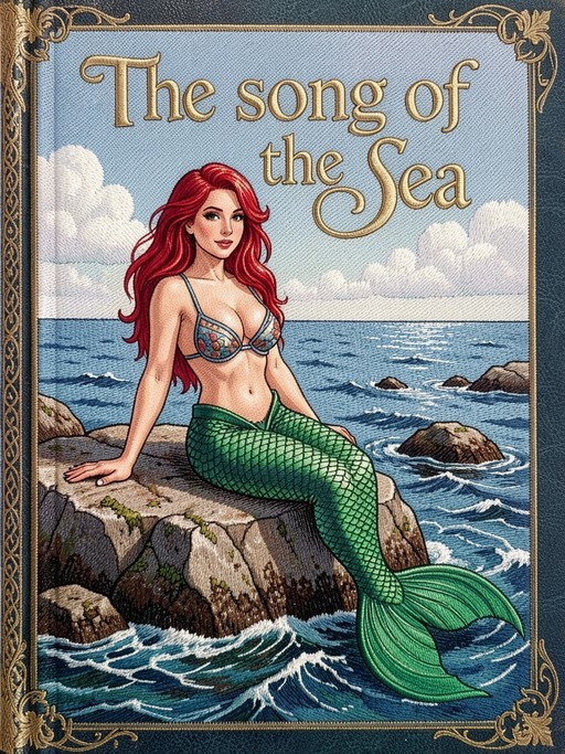 A red-haired mermaid with a green tail sits on a rock by the ocean in an embroidered style illustration titled 'The song of the Sea'.