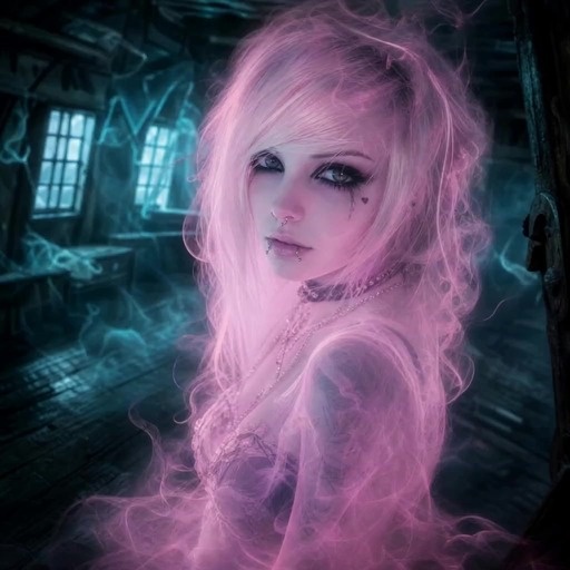 A ghostly woman with long pink hair and dark eye makeup sings emotionally while surrounded by swirling pink smoke in a dark room.