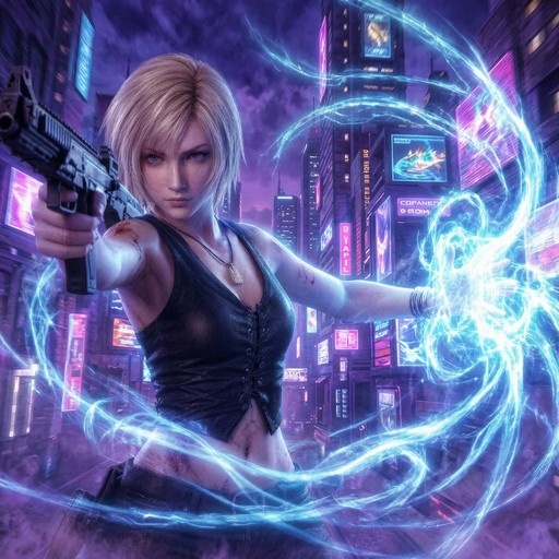 Aya Brea from Parasite Eve holding a gun with swirling blue energy around her hand in a neon-lit city