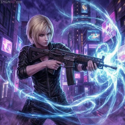 A blonde woman in a black leather jacket holds an assault rifle while surrounded by swirling blue energy in a neon-lit cyberpunk city.
