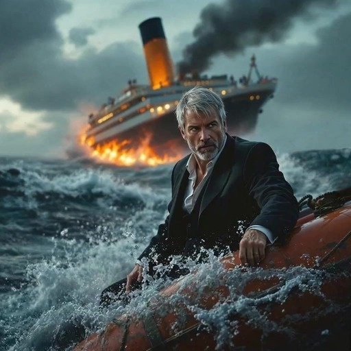 A bearded man in a suit sits in an orange lifeboat and sings while a large ship burns and sinks behind him in rough waters.