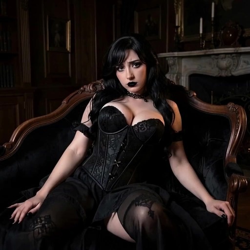 A woman with long black hair and dark lipstick wearing a black corset and stockings sits on an ornate sofa in a dimly lit room.