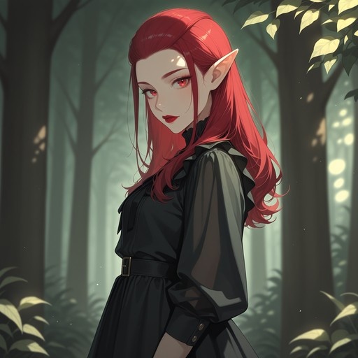 A red-haired elf woman with pointed ears and a black dress stands in a misty forest looking back at the viewer.
