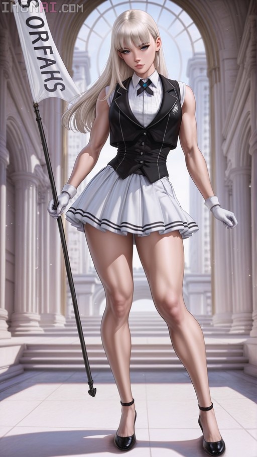 A full-body view of a muscular blonde woman in a black vest and white pleated skirt holding a banner pole in a bright hallway.