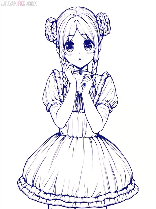 A monochrome line art illustration of an anime girl with twin braided buns, wearing a puffy dress and choker, looking surprised with wide eyes and clasped hands.