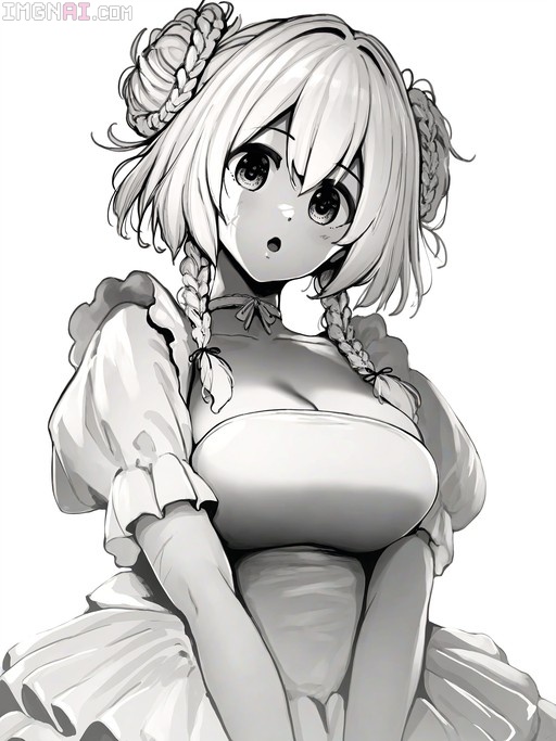 Greyscale digital illustration of Endou Okito with twin braids, a facial scar, and a puffy dress, looking up with wide eyes in surprise.