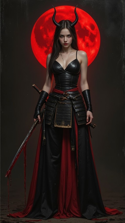 A pale-skinned woman with black horns and samurai armor holds a bloody katana in front of a large red moon.