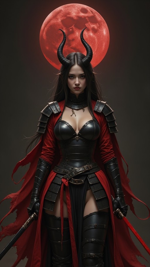 A horned female warrior in black armor and a red cape holds two swords, one glowing red, standing before a large red moon.