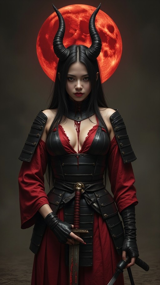 A horned demoness warrior in red and black samurai armor holds two blood-stained swords while standing against a backdrop of a large, textured red moon.