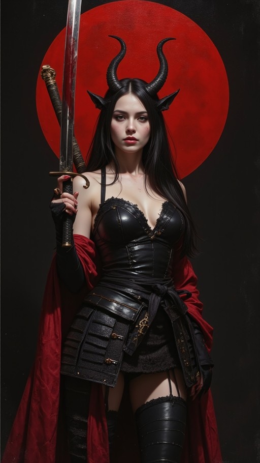 A realistic portrait of a horned demon warrior woman in black leather armor holding a large sword against a red circular background.