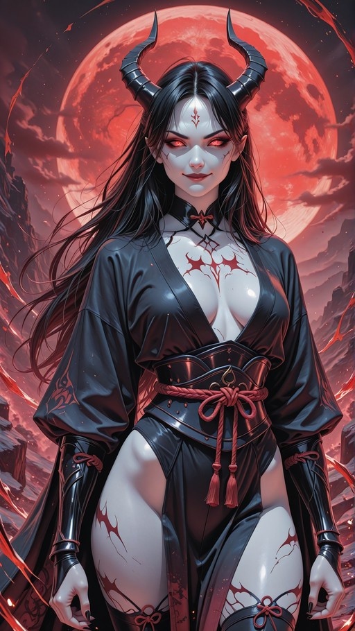 A pale-skinned demoness with long black hair and curved black horns stands before a large glowing red moon, wearing an open black kimono that reveals a chest tattoo.