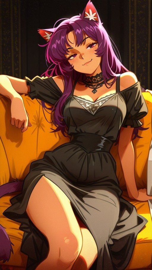 An anime-style cat girl with purple hair and a tail sits on an orange couch wearing a black off-the-shoulder dress.