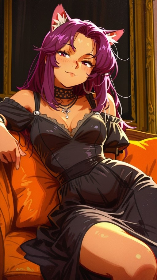 A tan-skinned anime girl with purple hair and cat ears sits on an orange couch wearing a black dress.