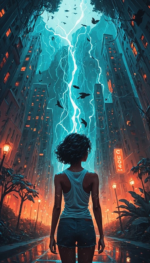 A dark-skinned woman with short curly hair stands on a wet city street at night, looking up at a massive blue lightning bolt striking between skyscrapers while birds fly nearby.