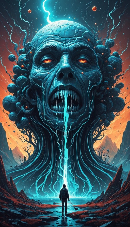 A small figure stands in a rocky alien terrain facing a massive blue monster head with glowing orange eyes and sharp teeth under a stormy sky.