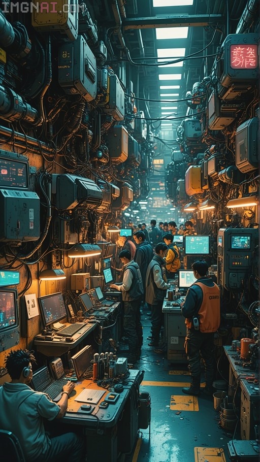 A busy cyberpunk factory interior with numerous workers operating computer terminals amidst walls of machinery and cables.