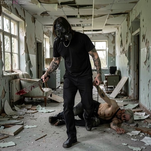 A tattooed person wearing a gas mask and holding a bloody machete stands over a shirtless man lying on the floor of a ruined room while holding his leash.